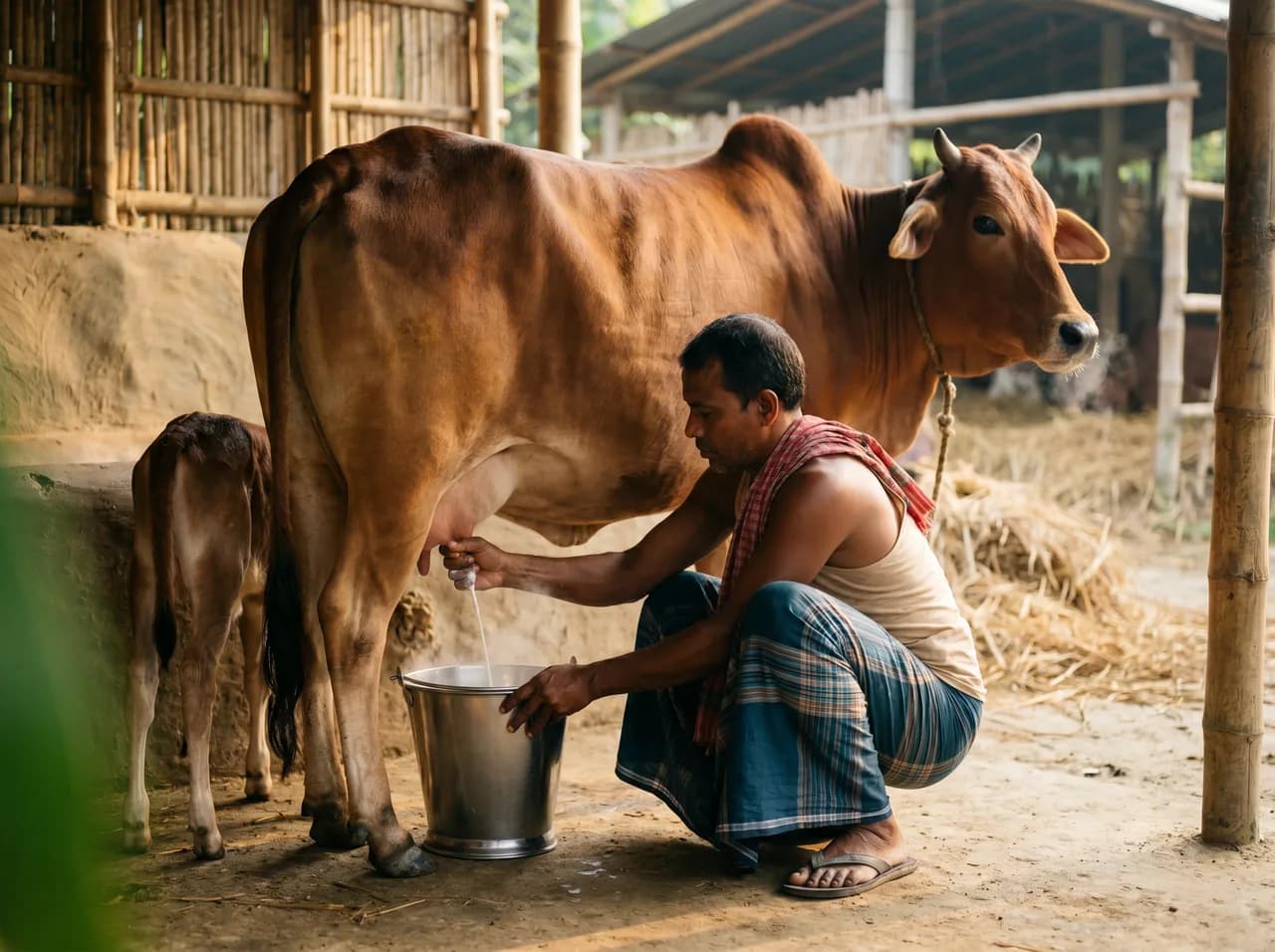 A farmer hand-milking a desi cow